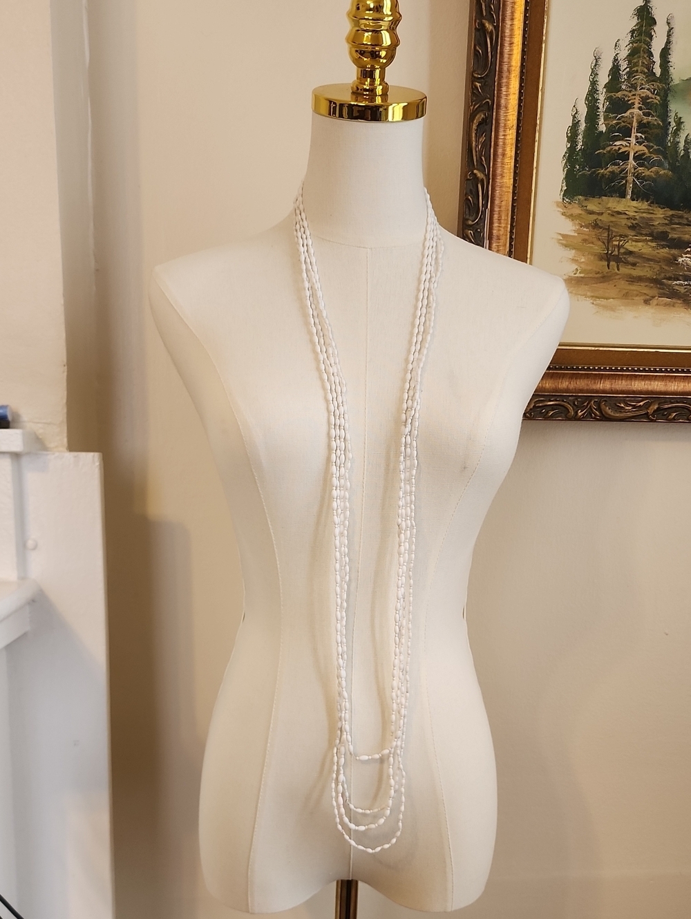 White Multi Strand Beaded Necklace Long Layered Statement Necklace